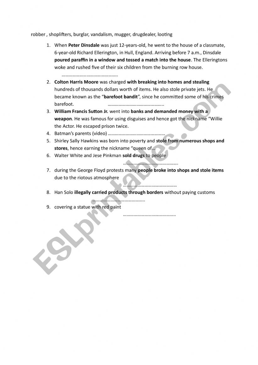 Crimes vocabulary worksheet