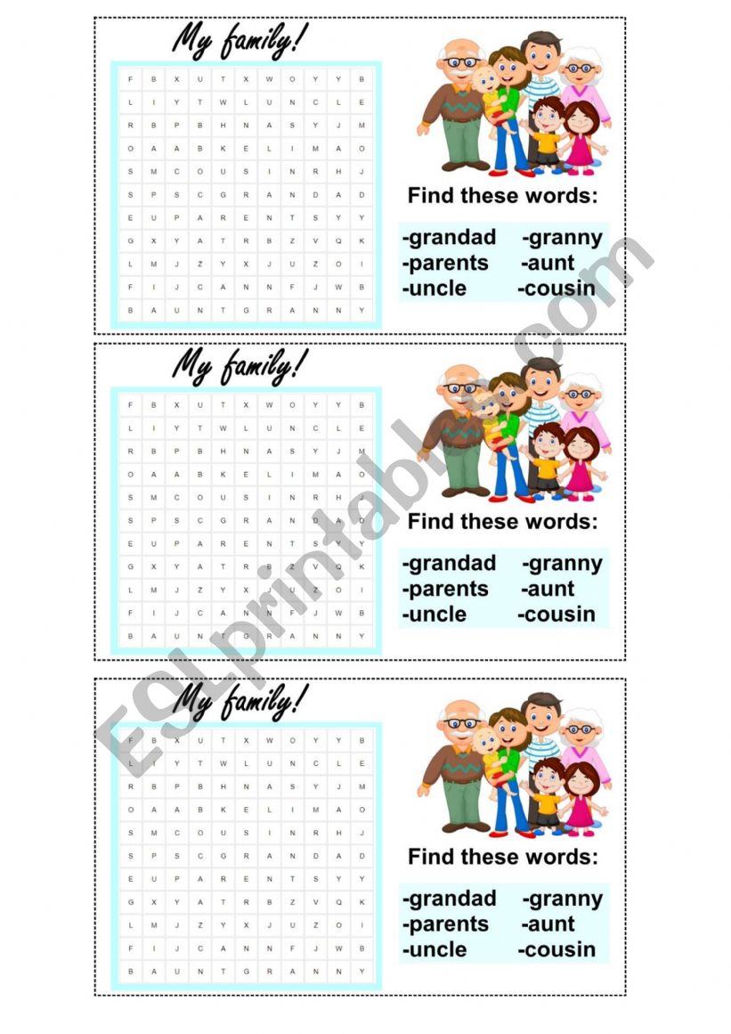 Word search family members worksheet