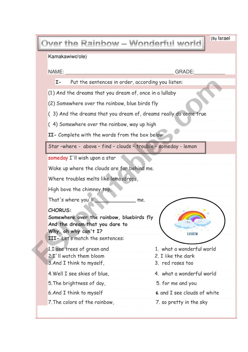 Over the Rainbow worksheet