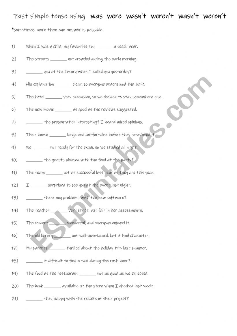 A1 Past simple tense using: was, were, was not & were not