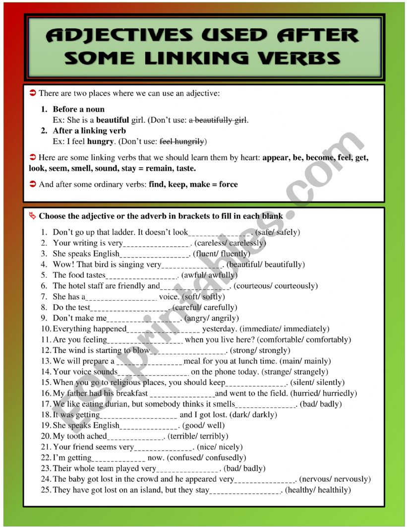 Adjectives used after some linking verbs