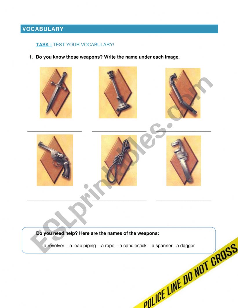 Weapons vocabulary worksheet