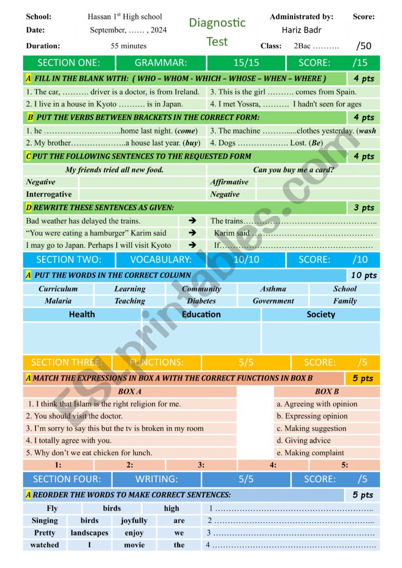 2BAC Diagnostic test worksheet