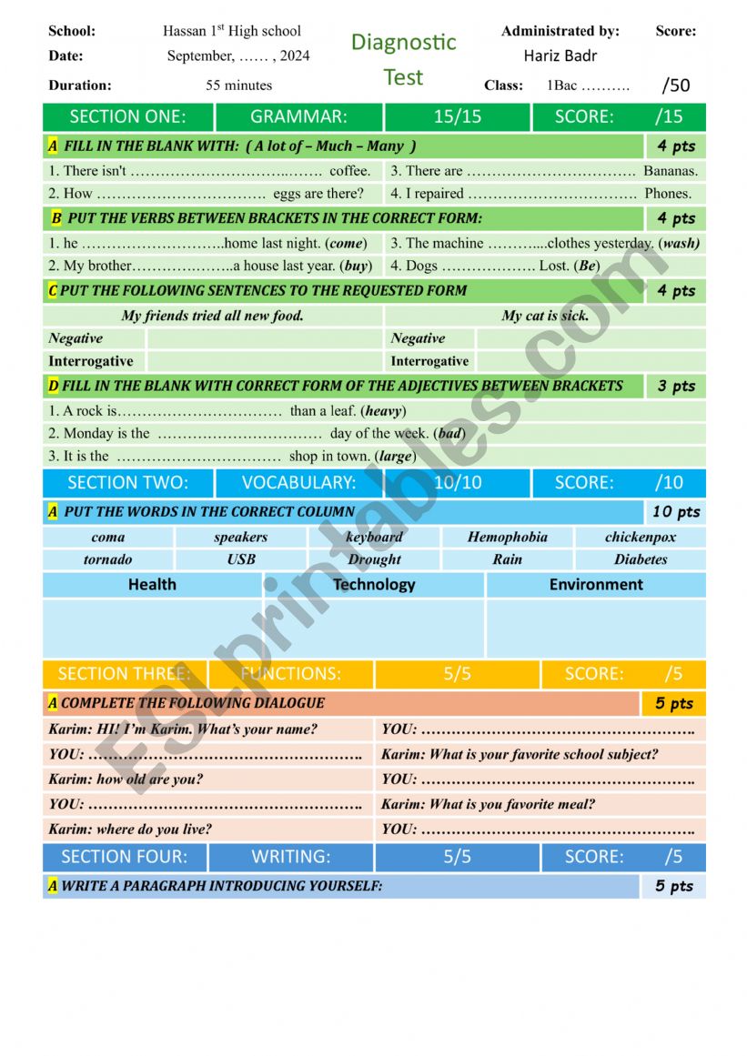 1BAC diagnostic test worksheet