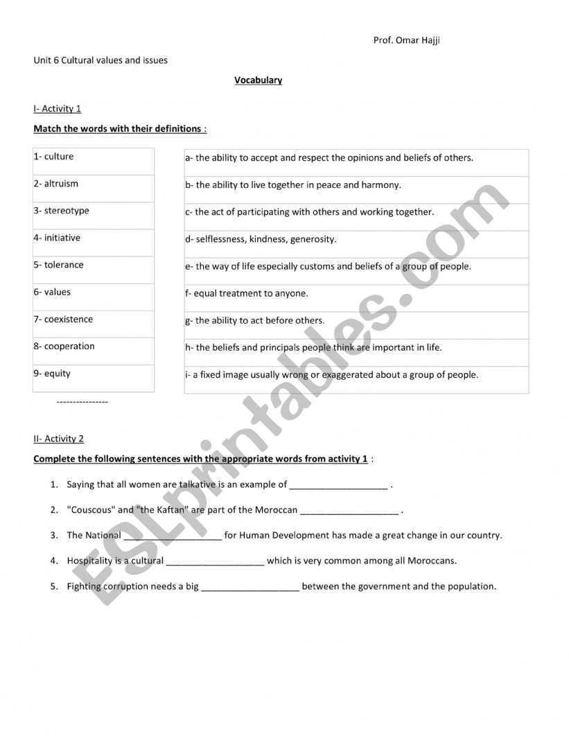 cultural values worksheet