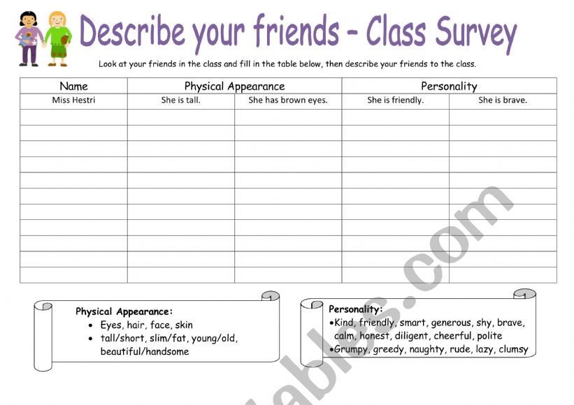 describing friends worksheet