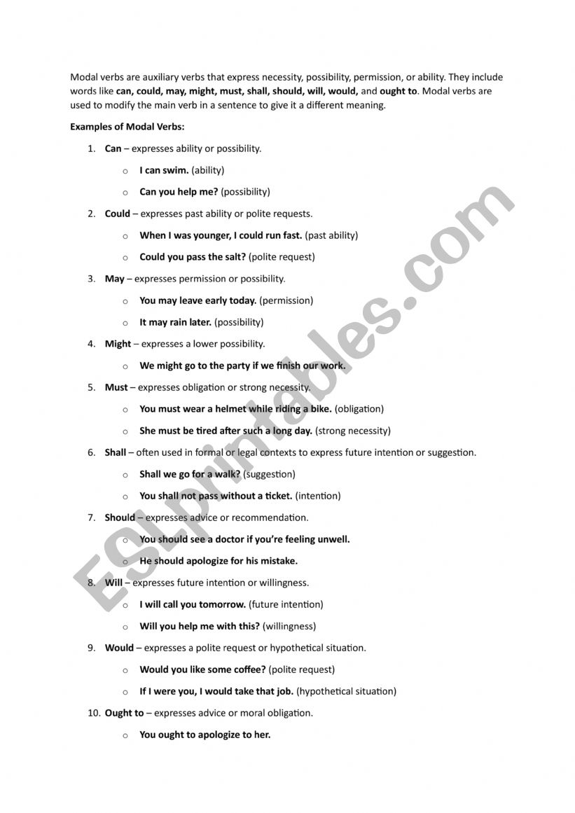 Modal Verbs worksheet