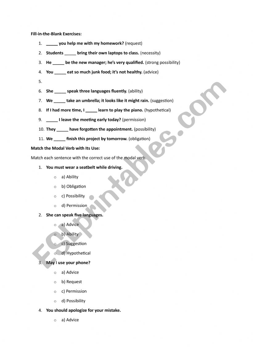 Modal Verbs worksheet