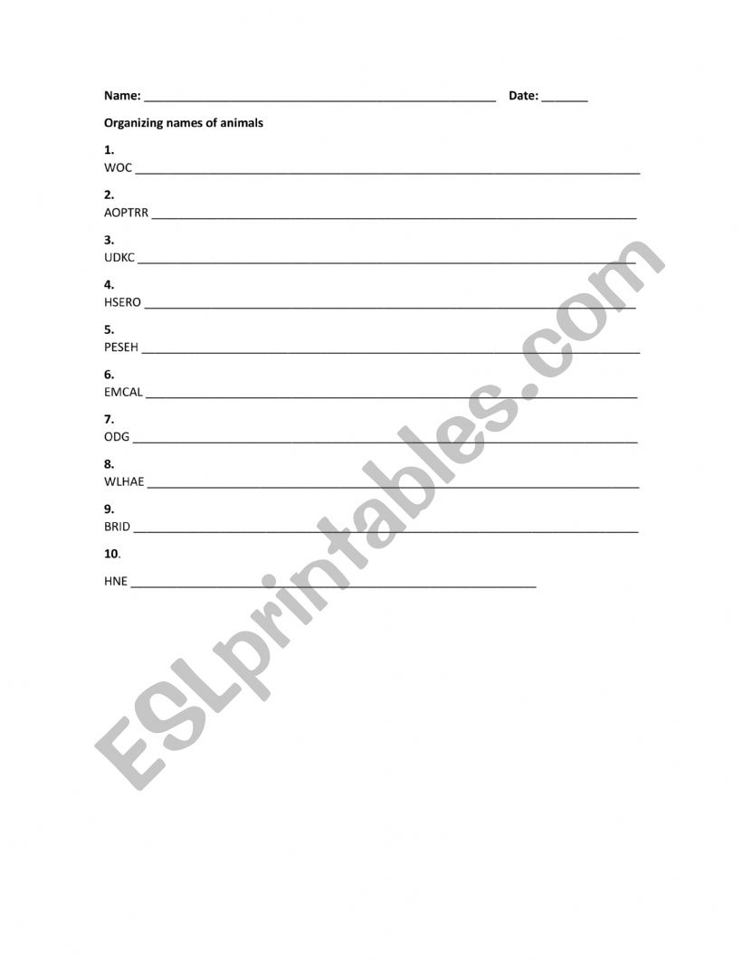 Animal names worksheet