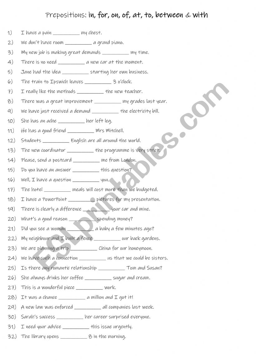 A2-B1 Prepositions in, for, on, of, at, to, between & with