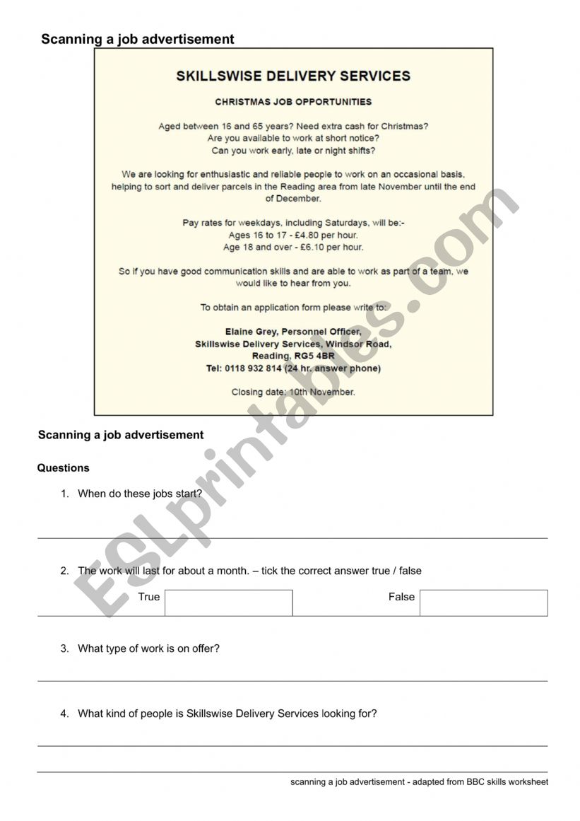 scanning a job advertisement - adapted from BBC skills worksheet