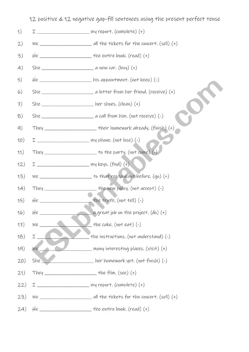 A1+ -A2 Present Perfect Practise - 12 positive & 12 negative gap-fill sentences 