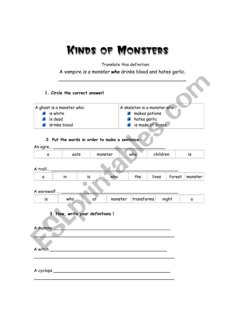 Kinds od monsters worksheet