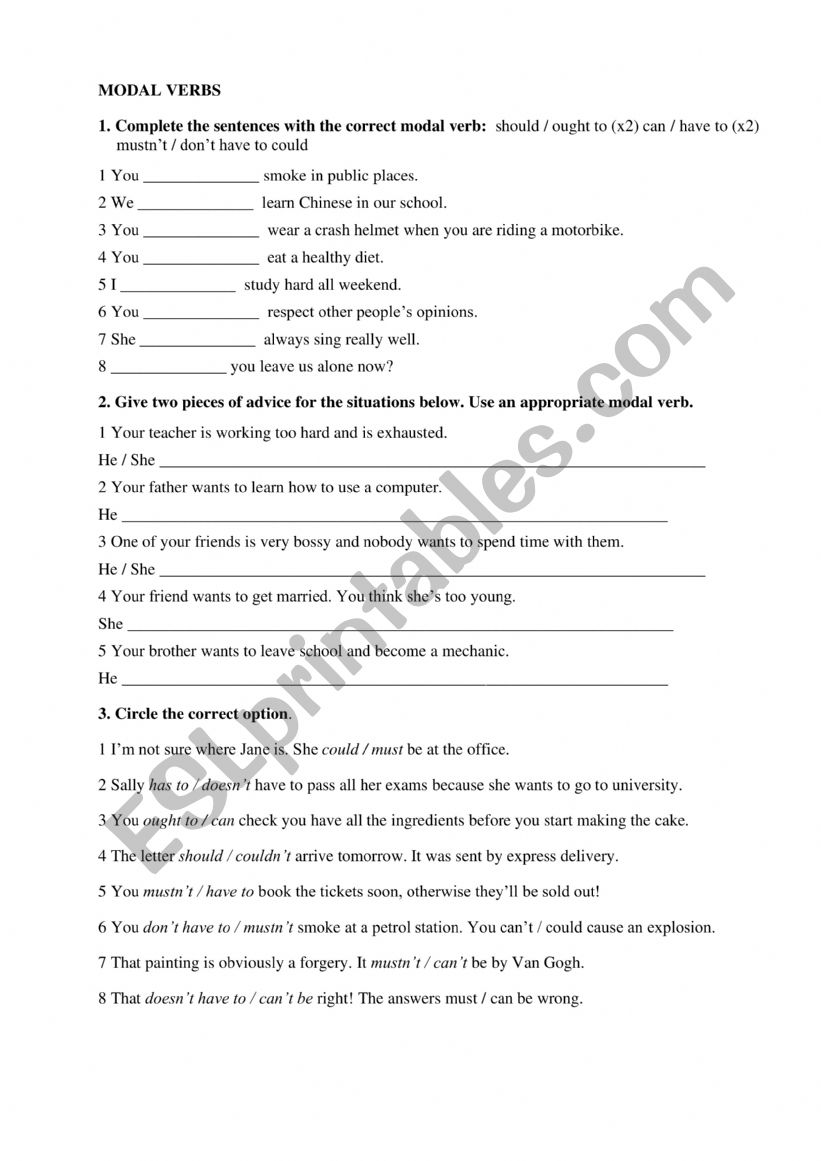 Modal verbs practice worksheet