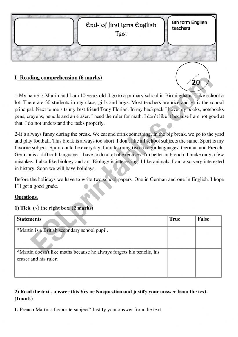 MID TERM TEST N1 FOR 8TH FORMERS