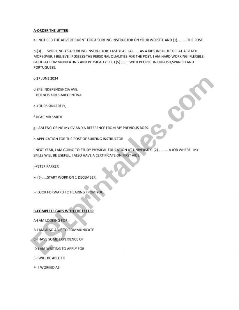 Application letter worksheet