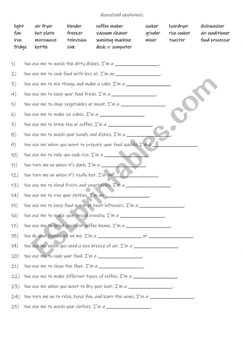 A2-B1 Household appliances worksheet