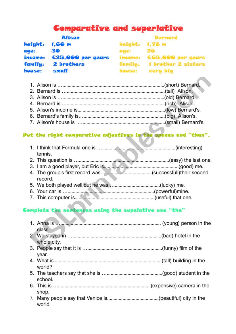 Comparative and superlative worksheet