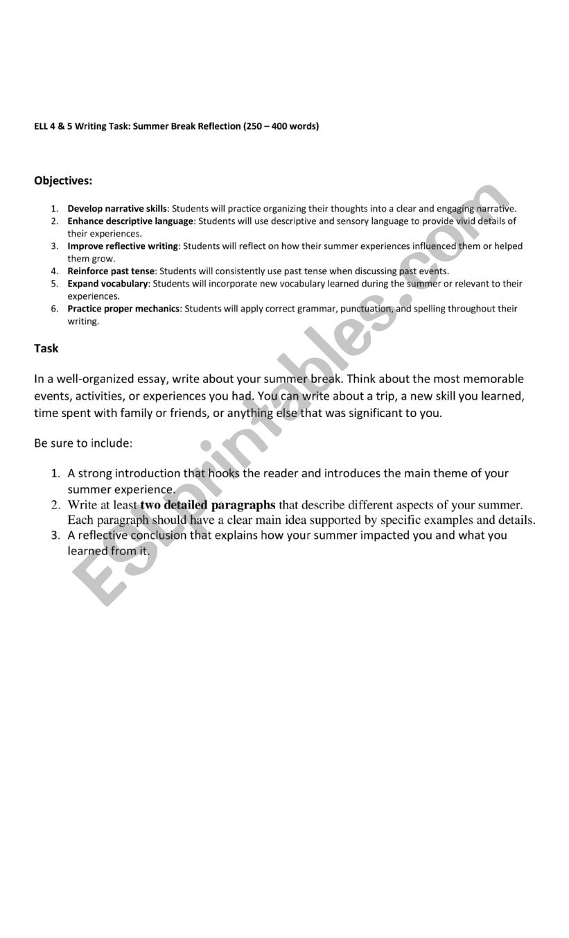 Assessment for ELL worksheet