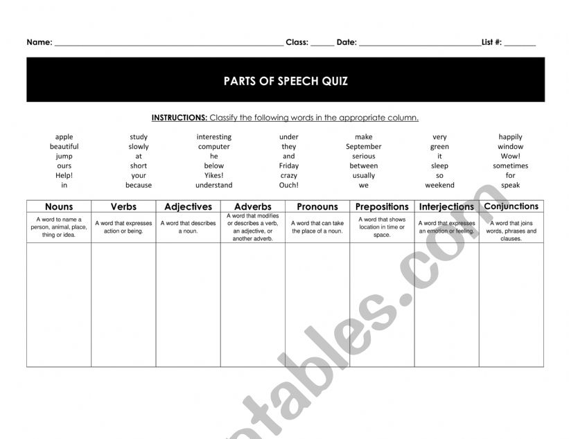 Parts of Speech Activity worksheet