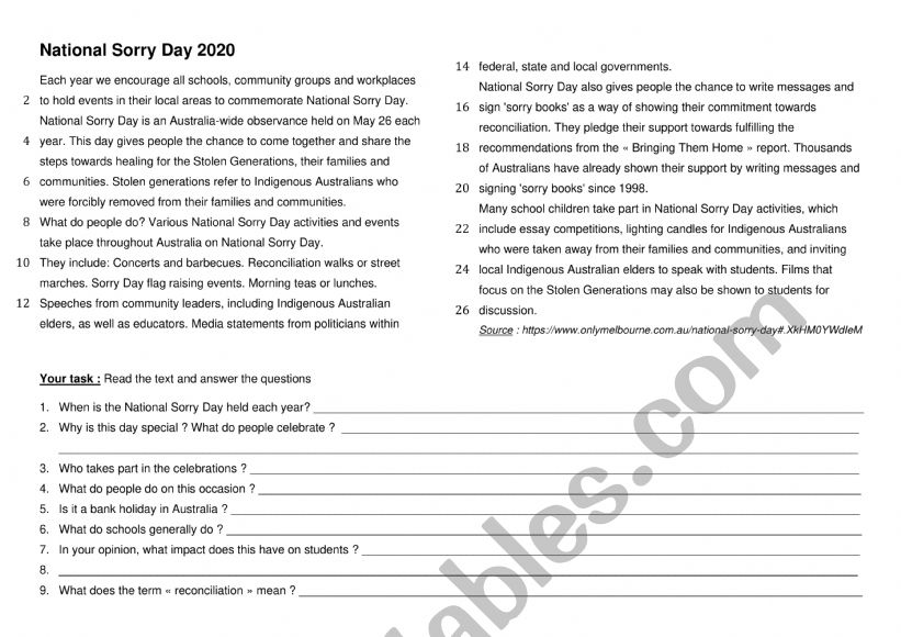 National sorry day 2020 worksheet