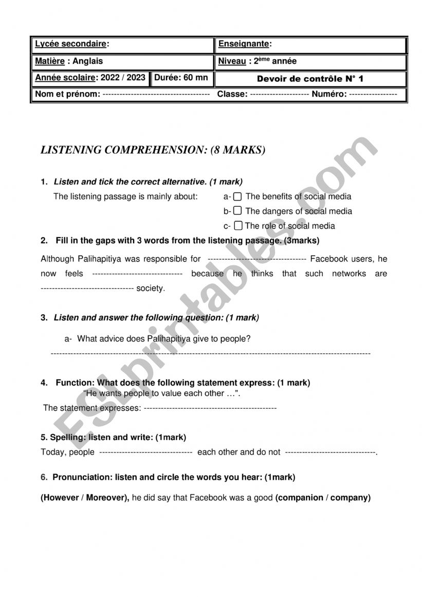 Mid term 1 test second form worksheet