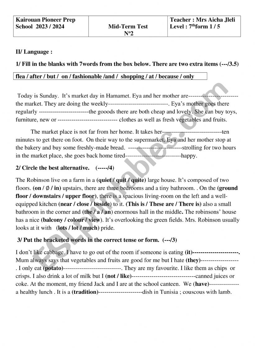 7�th form mid term test 1 worksheet