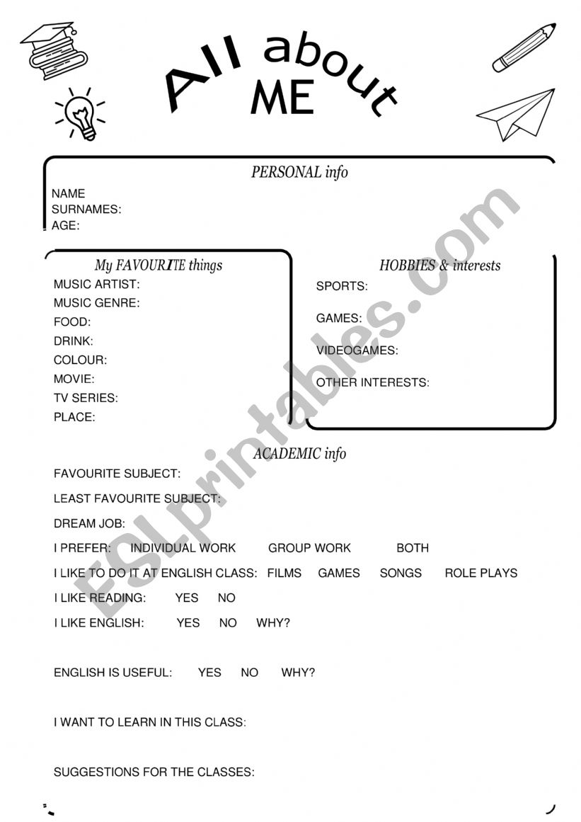 All about me worksheet