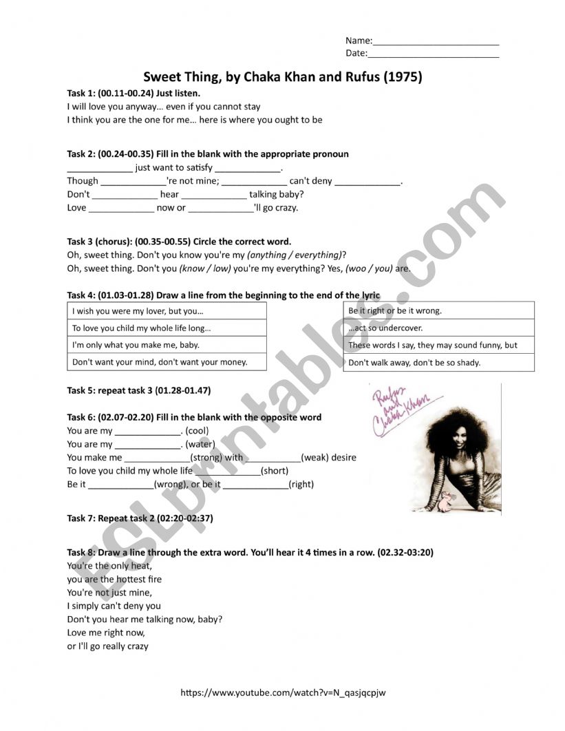 song lyric worksheet, Sweet Thing by Chaka Khan and Rufus