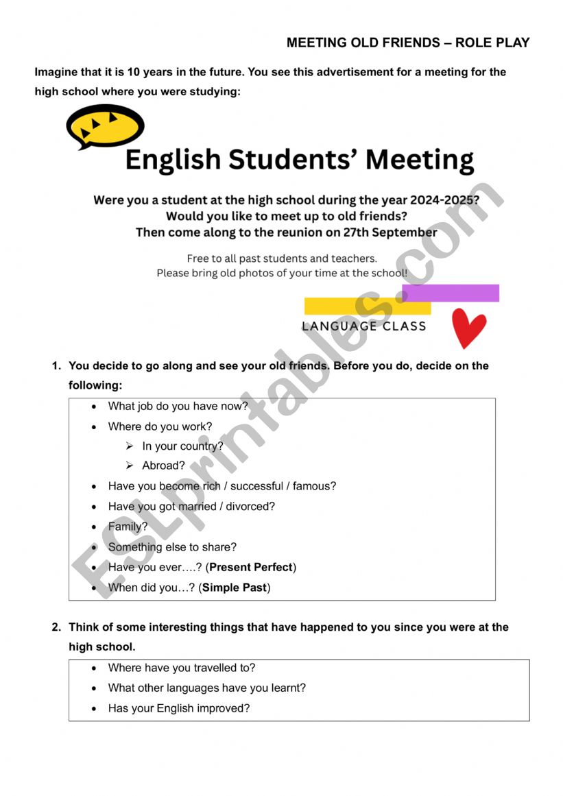 Meeting old friends speaking worksheet