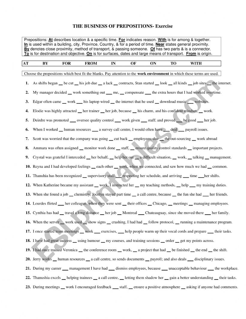 The business of prepositions worksheet