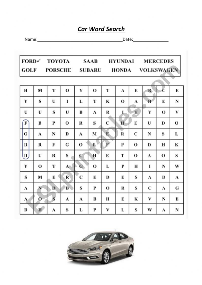 Car Word Search worksheet