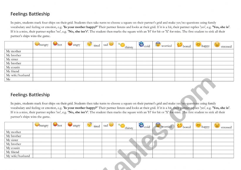 Feelings Battleship Game worksheet