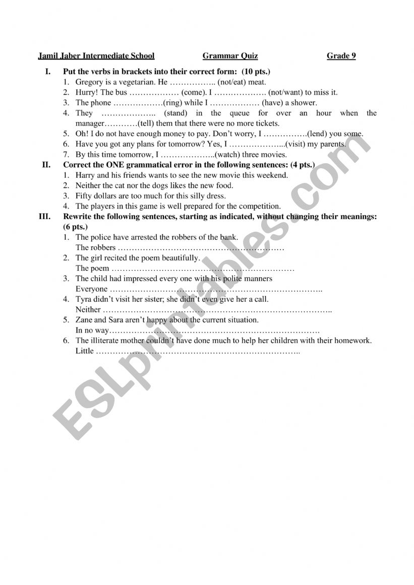 Grammar Quiz worksheet