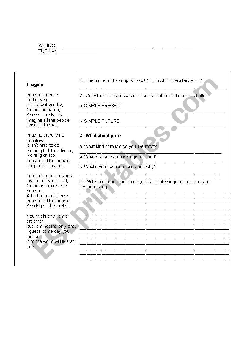 John Lennon´s Imagine - ESL worksheet by badiko