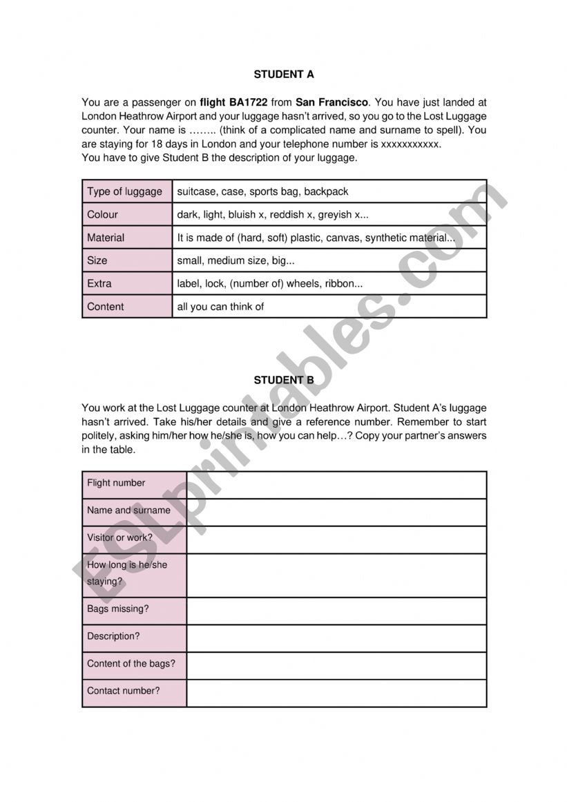 Lost luggage worksheet