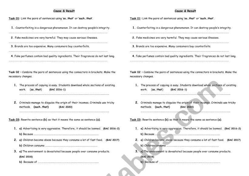 cause and result worksheet