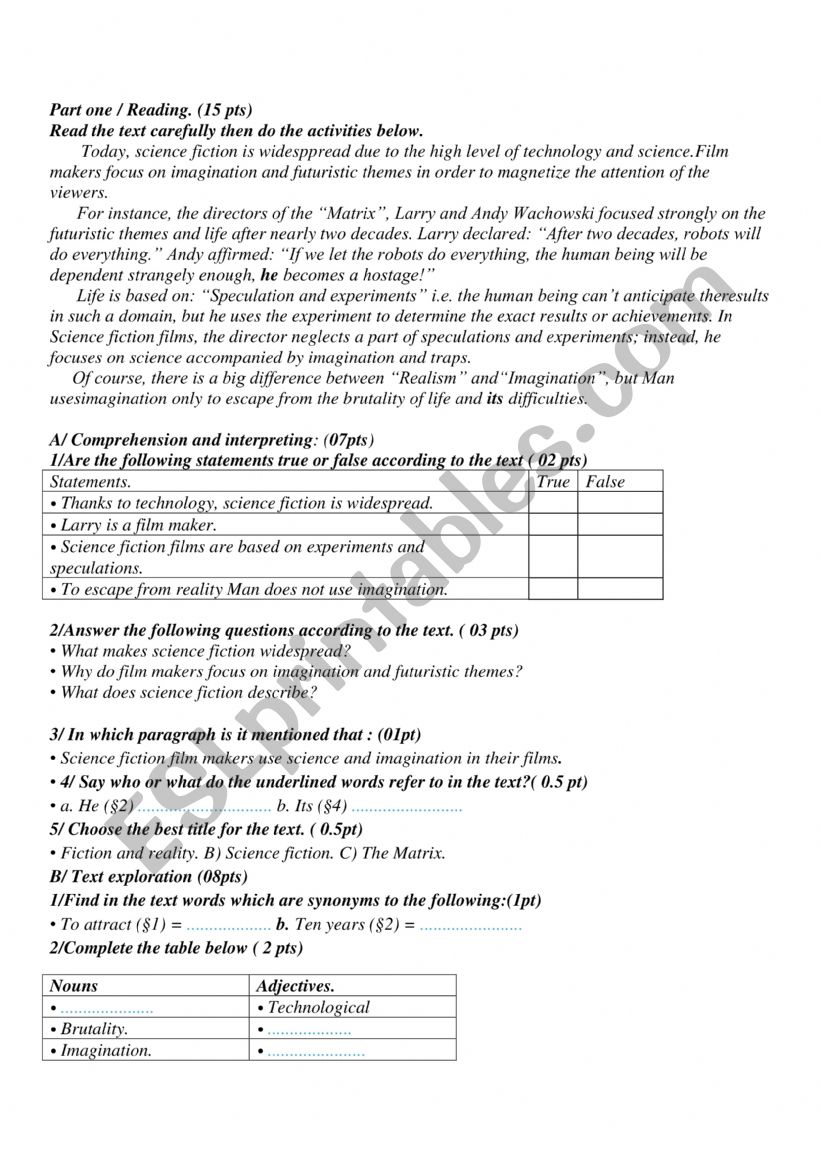 science fiction exam worksheet