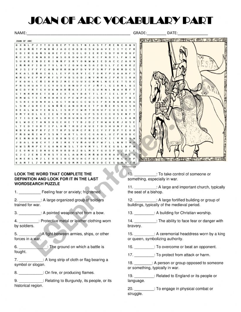 JOAN OF ARC VOCABULARY worksheet