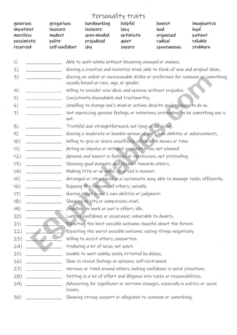 B1-B2 30 Personality traits worksheet