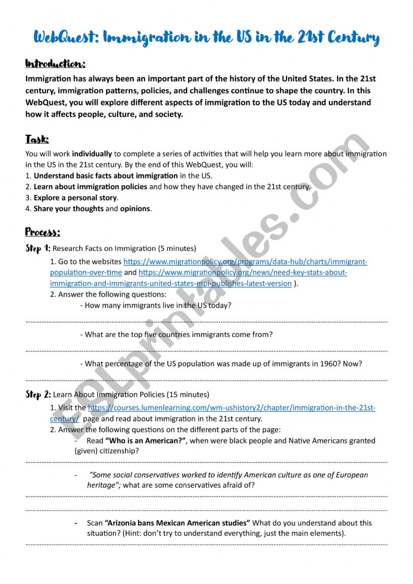 WebQuest: Immigration in the US in the 21st Century