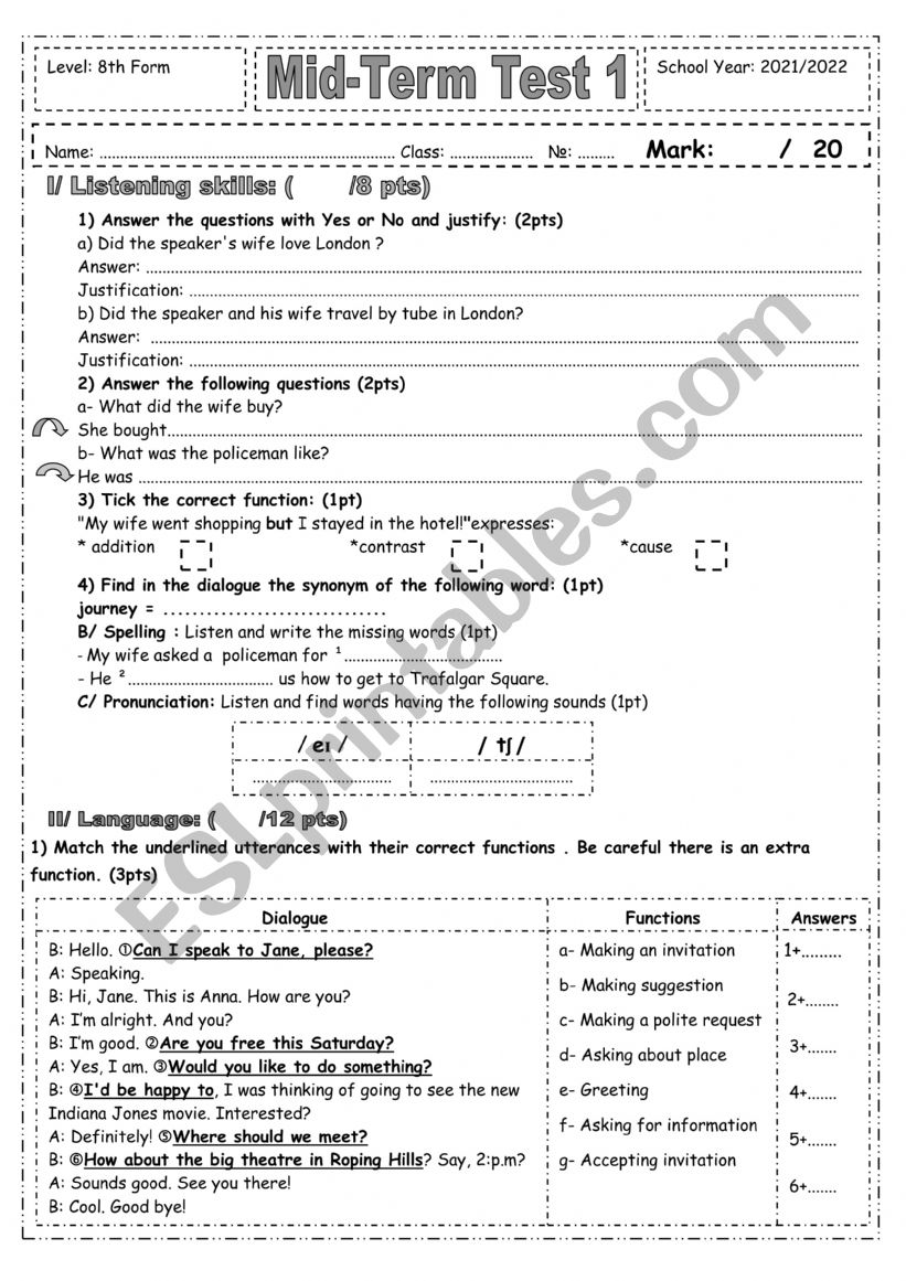 Mid-term test 1 8th Form worksheet