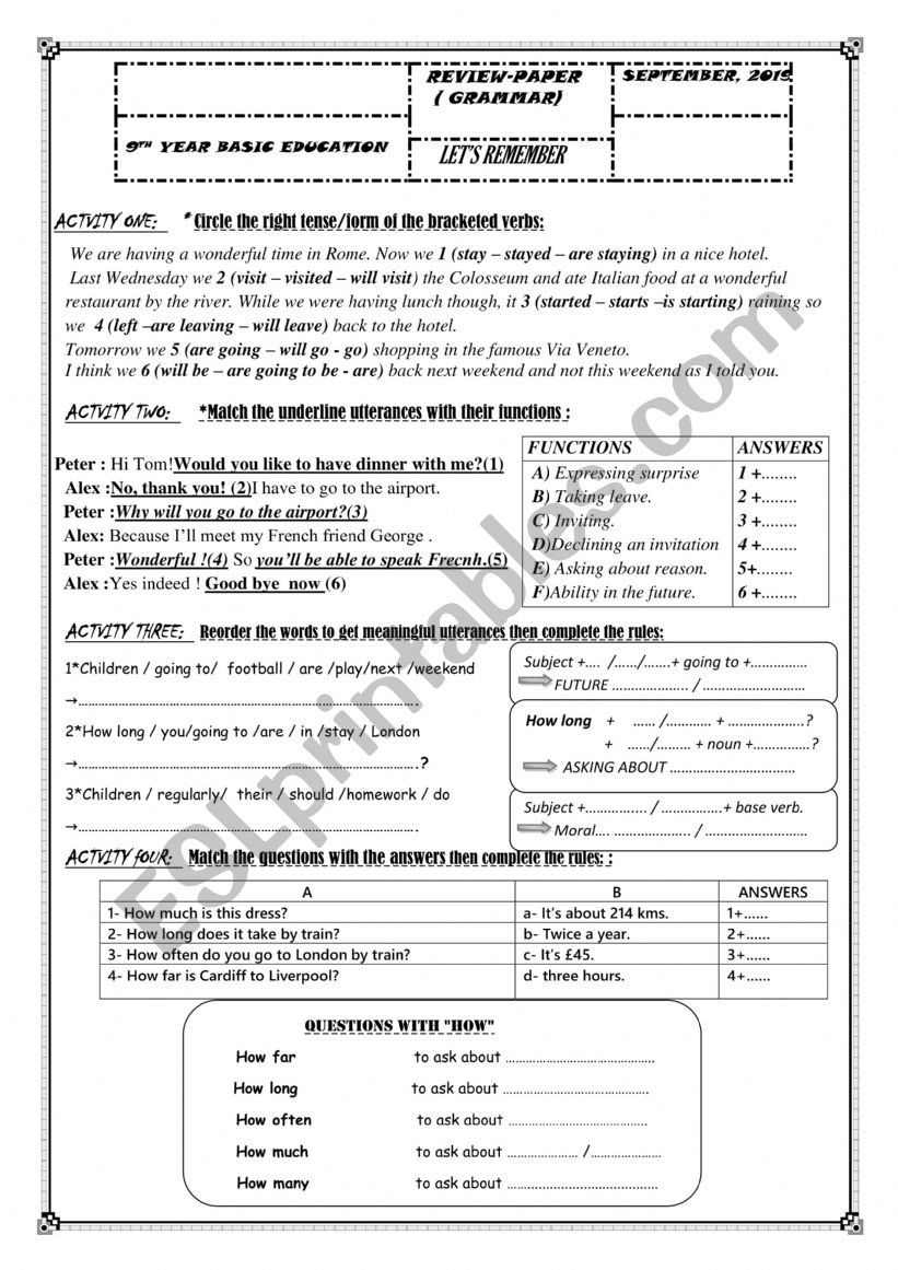 Grammar review 9 th form worksheet