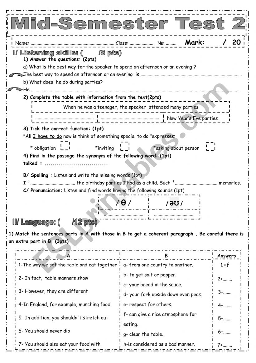 Mid-Term Test 2 8th Form worksheet