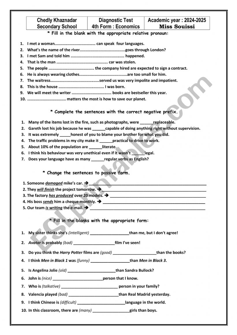 diagnostic test 4th form worksheet