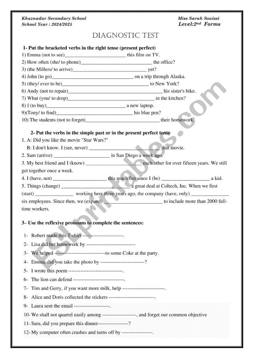 Diagnostic test 2nd form worksheet