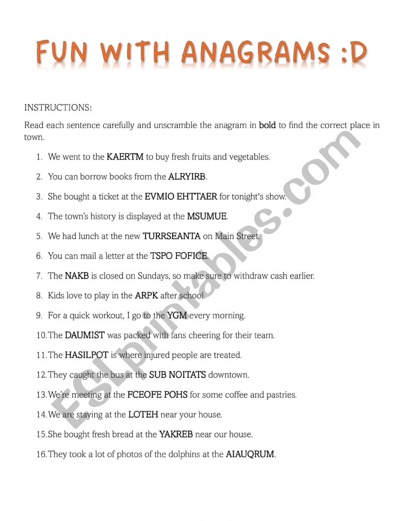 PLACES IN TOWN ANAGRAMS worksheet