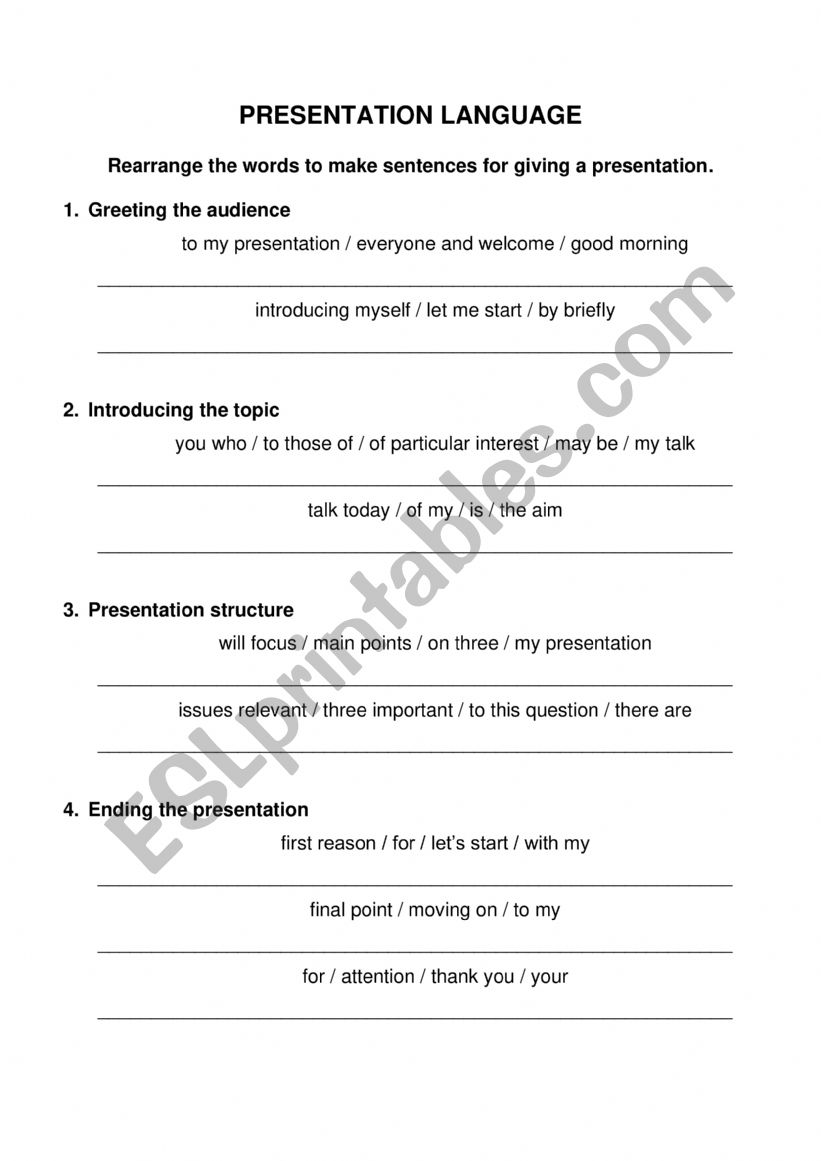 PRESENTATION LANGUAGE worksheet