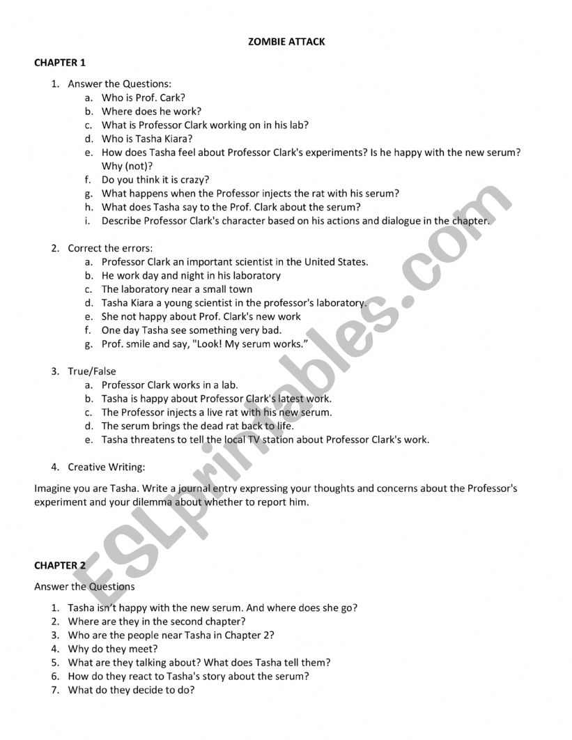 Zombie Attack Activities worksheet