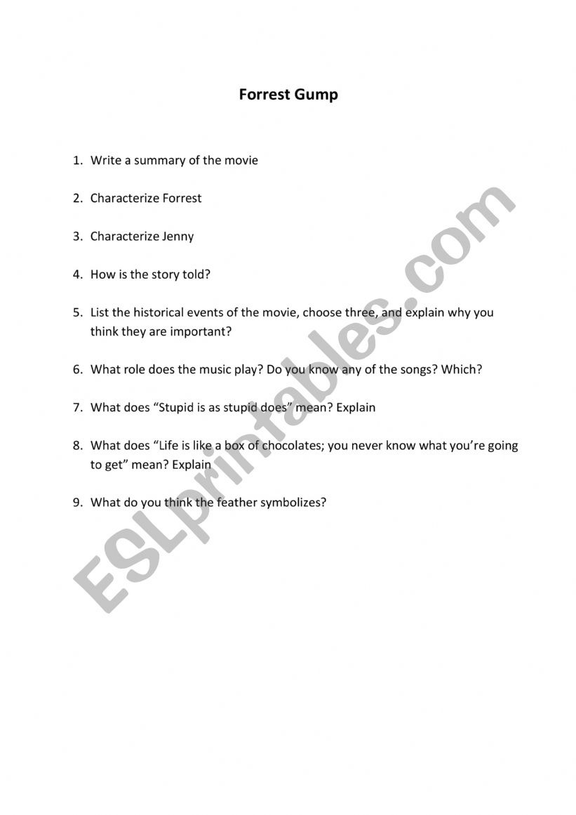 Forrest Gump Questions worksheet